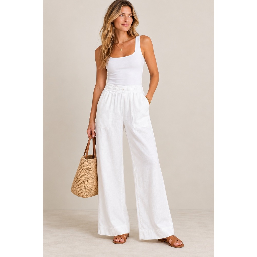 Ann Taylor Weekend Linen Blend Wide Leg Pants White M Pull On NWT Coastal Travel